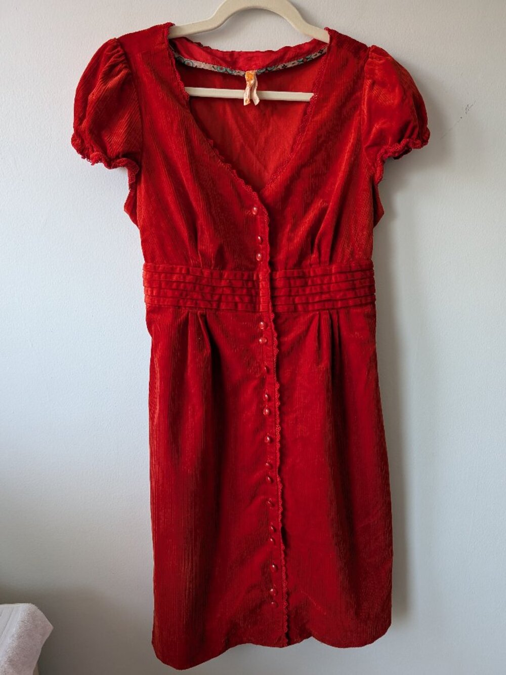 Free People Red Lightweight Corduroy Puff Sleeve Button Front Dress Size 12